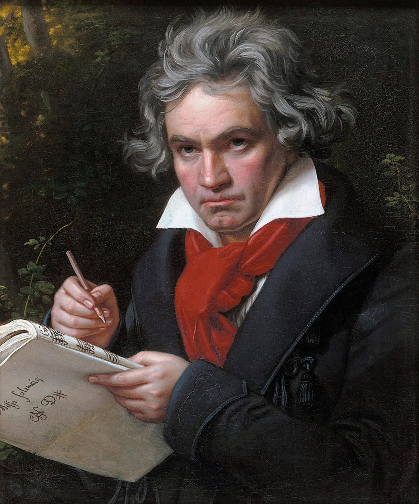 Ludwig van Beethoven, painted by Joseph Karl Stieler in 1820, holding the manuscript of the Missa solemnis