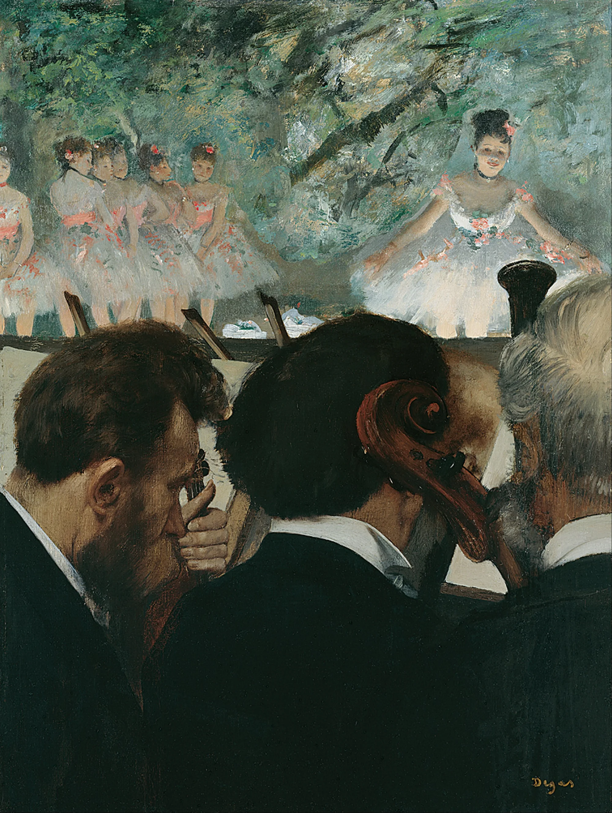Orchestra Musicians, painted by Edgar Degas around 1872: three players seen from behind, the dancers in white on the stage beyond