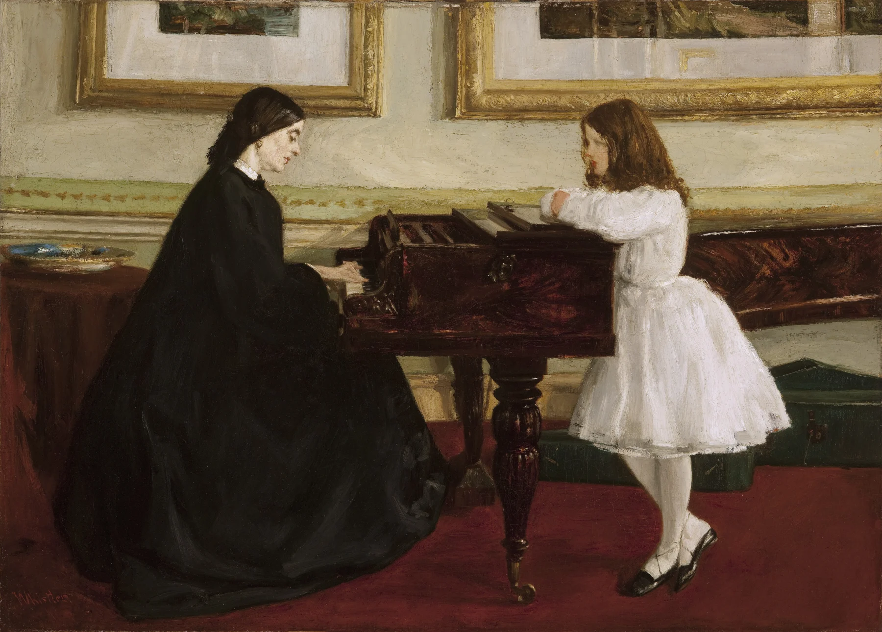 At the Piano, painted by James McNeill Whistler in 1858: a grand piano across the room, a woman in black playing, a girl in white listening